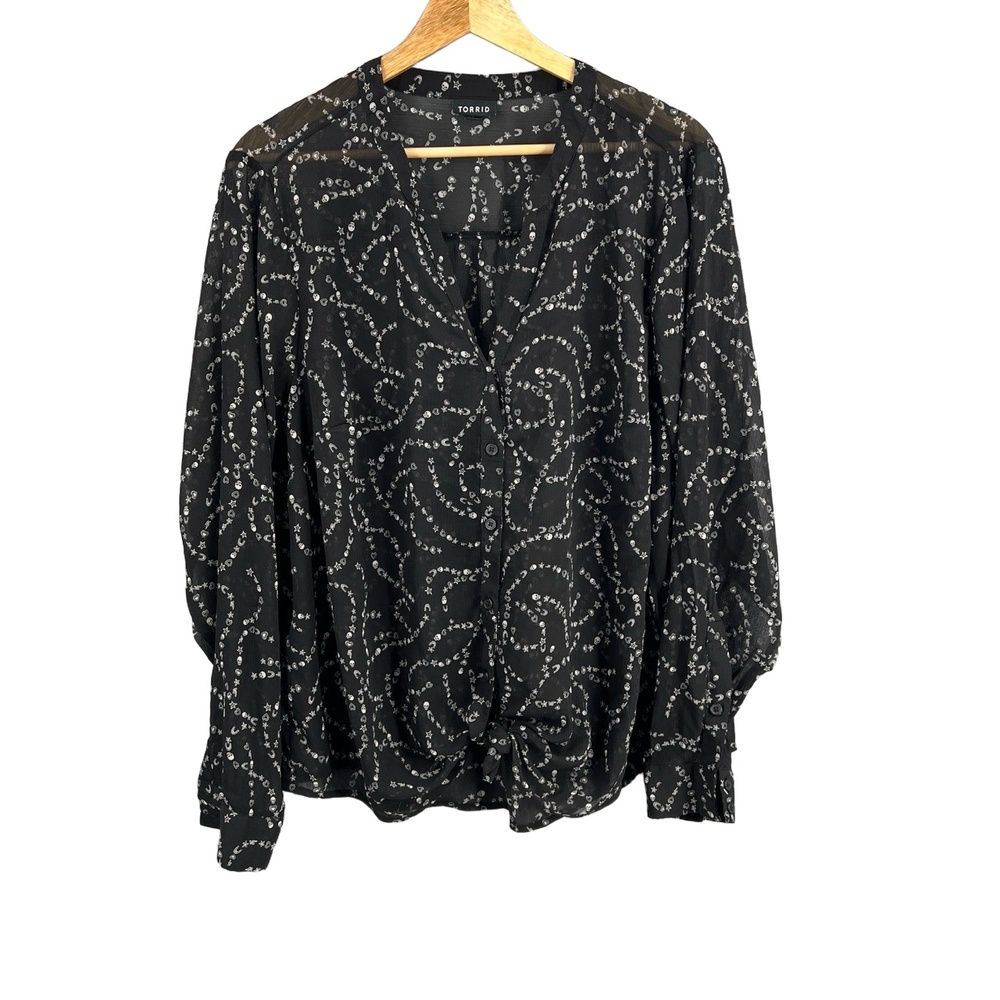 Torrid Black Sheer Skull Print Blouse Size 1 Gothic Star Moon‎ Heart Tie Front